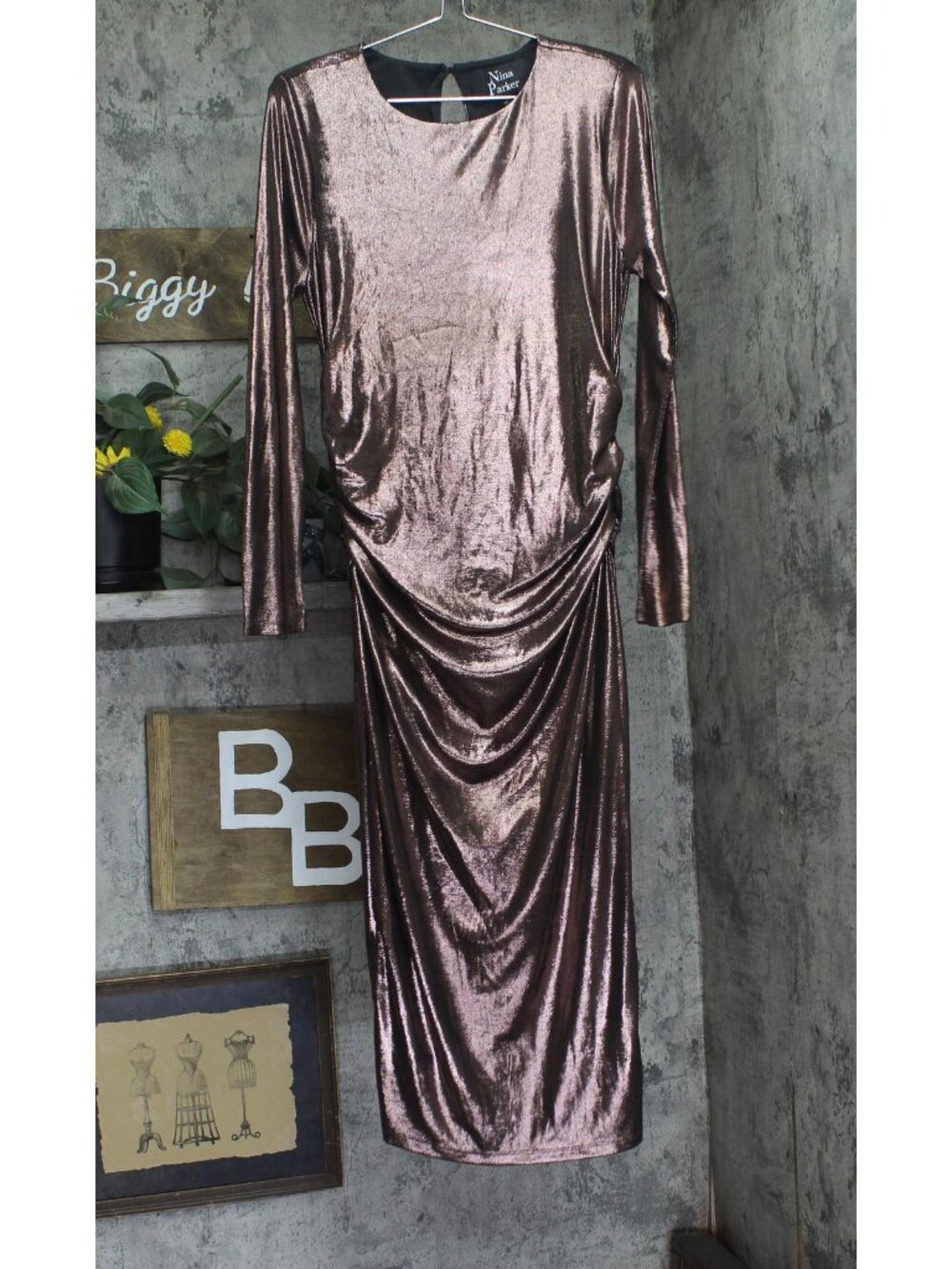 NEW Nina Parker Shimmer Ruched Evening Gown Pink Brown Multi 0X